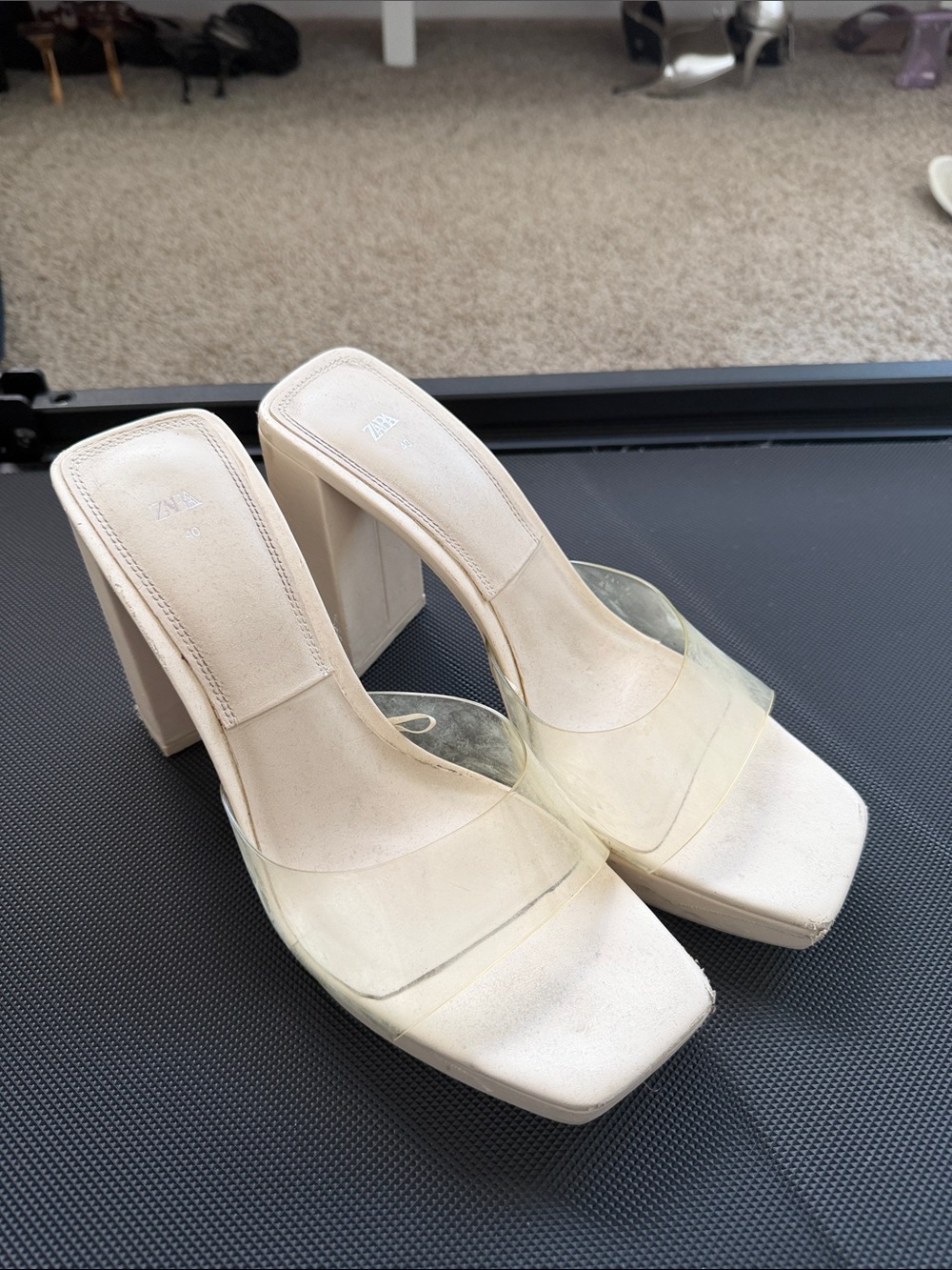 Zara Cream Block Heel Mules with Clear Strap
